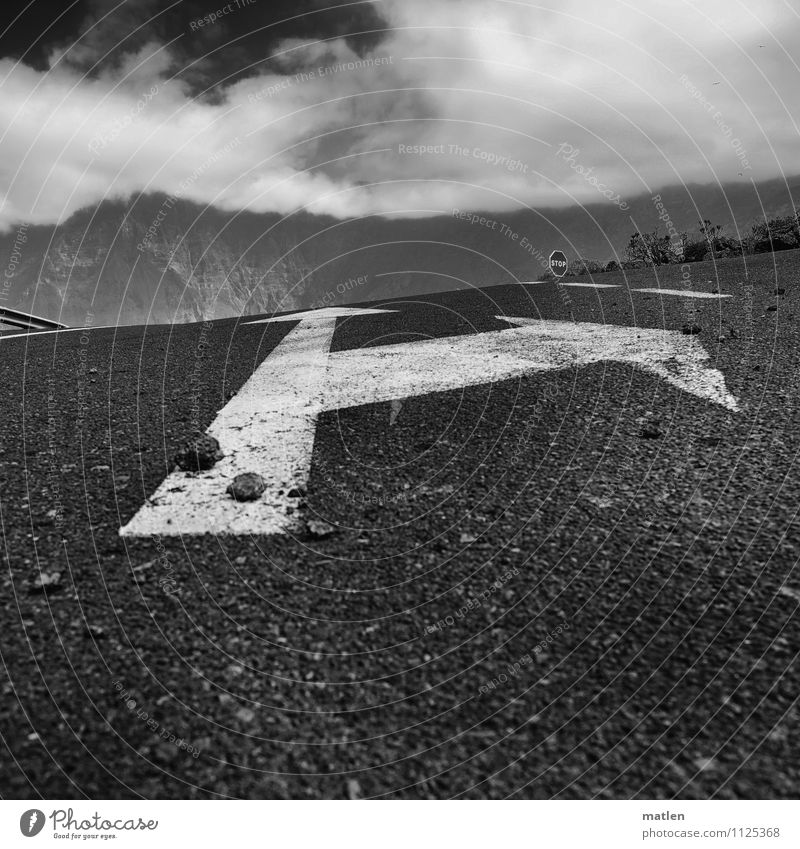 Ascension Landscape Sky Clouds Weather Beautiful weather Bushes Rock Mountain Transport Road traffic Motoring Street Crossroads Road sign Black White Steep