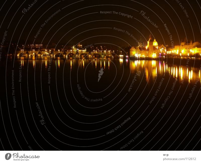 Lights Mirror Night Dark Prague Charles Bridge Black Surface of water Beautiful Visual spectacle Czech Republic Night shot Water River Brook water feature