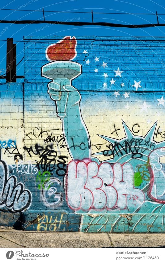 miss liberty Vacation & Travel Tourism City trip Wall (barrier) Wall (building) Facade Landmark Statue of Liberty Graffiti Blue New York City Brooklyn USA