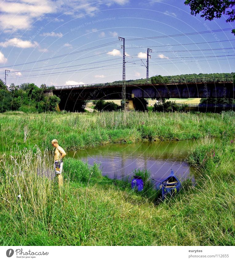 Pipimann in square Canoe Meadow Railroad bridge Summer Transition Clouds Leisure and hobbies River Bridge Human being grass Landscape Altmühl Sky Blue