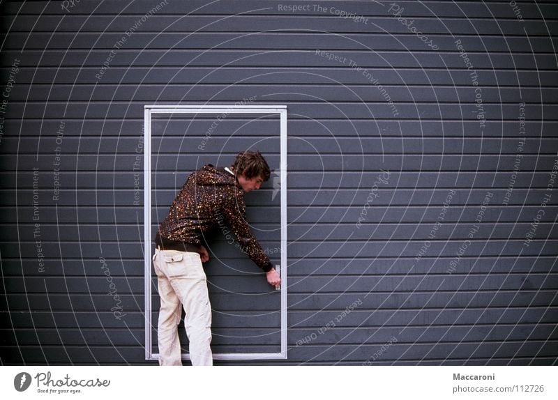 Closed Human being Young man Youth (Young adults) Man Adults 18 - 30 years Door Jacket Stripe Blue Brown Gray White Beginning Effort Center point Symmetry