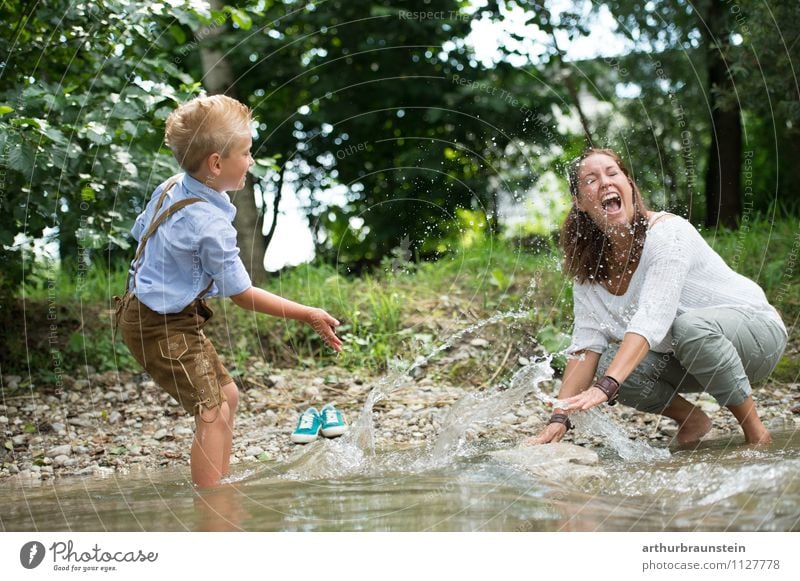 Fun at the river with mummy Joy Vacation & Travel Tourism Trip Summer Human being Masculine Feminine Child Young woman Youth (Young adults) Woman Adults Mother