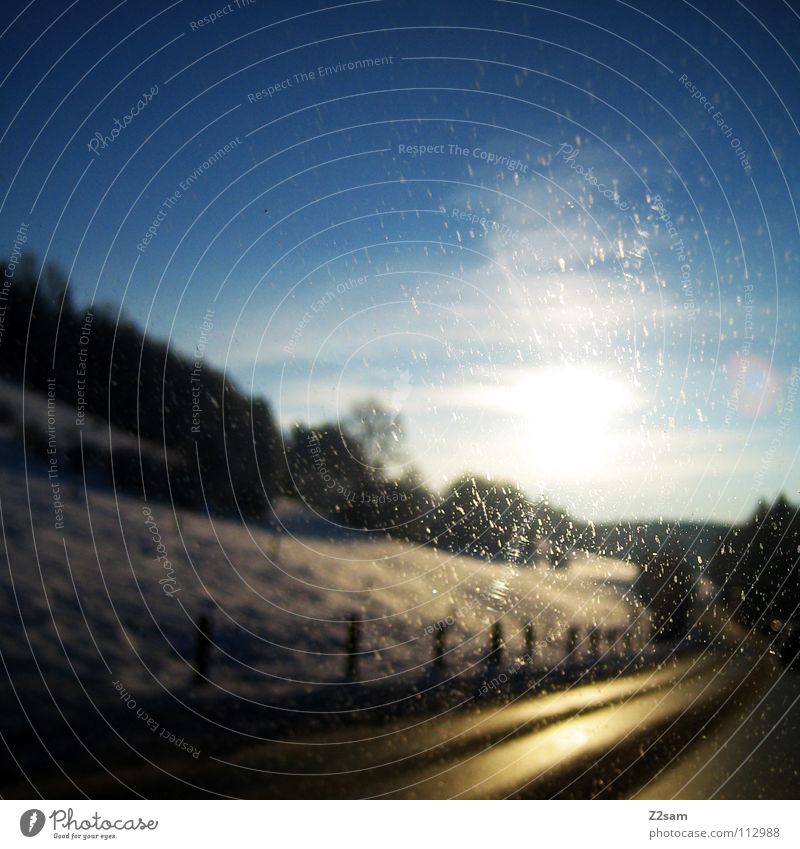 road to happiness Country road Winter Light Tree Driving Glittering Yellow Traffic lane Sky Happy Lanes & trails Street Pole Mountain Alps Snow Blue Sun