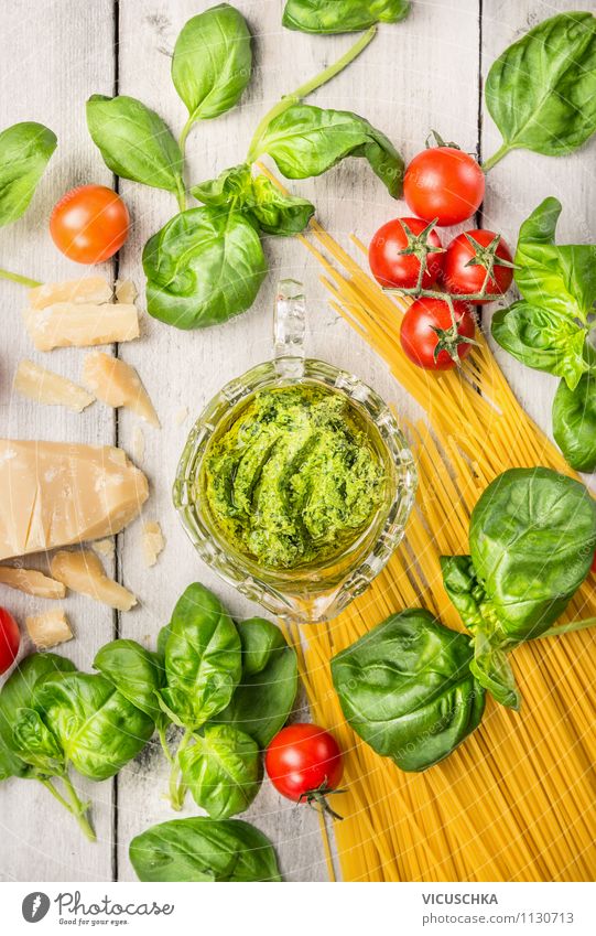 Spaghetti with basil pesto and tomatoes, ingredients Food Vegetable Dough Baked goods Herbs and spices Cooking oil Nutrition Lunch Buffet Brunch Organic produce