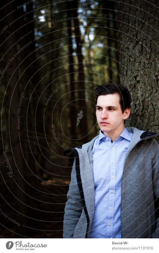 A little man stands in the forest... Lifestyle Elegant Relaxation Calm Human being Masculine Young man Youth (Young adults) Adults Environment Nature Landscape