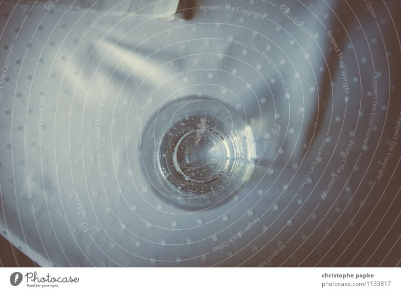 Cold clear glass of water Beverage Drinking water Glass Living or residing Table Fluid Retro Tablecloth Subdued colour Interior shot Close-up Detail Deserted