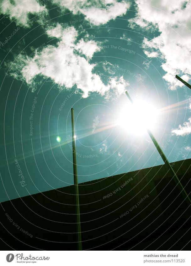 BOAT MAST Sky Clouds Summer Light Sunlight Flagpole Back-light Silhouette Black Green Cyan Beautiful Blue reflection