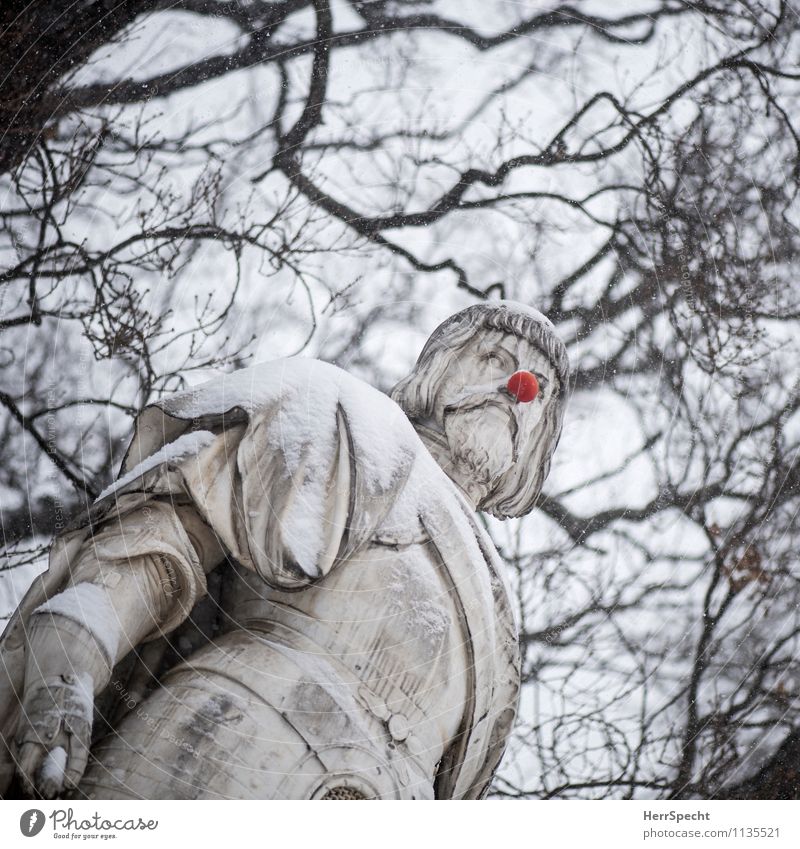 jester Art Sculpture Sky Winter Snow Tree Vienna Monument Funny Round Red Statue Clown Nose Joke Snow layer Tilt Crazy town hall square Turkish siege