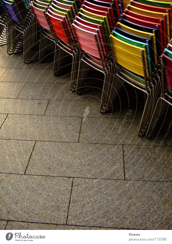 street café Café Sidewalk café Places Chair Concrete Gray Multicoloured Gastronomy Break Winter break Holiday season High season Street Stack stacking chairs