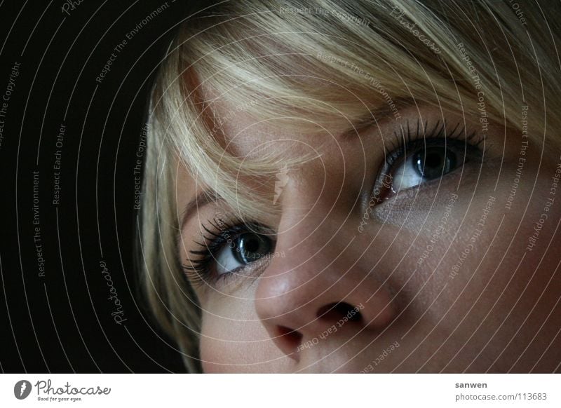 pretty pony ;o) Portrait photograph Dark Dark background Blonde Brilliant Think Woman Bangs Hair and hairstyles Eyes Nose Lighting Detail missing mouth