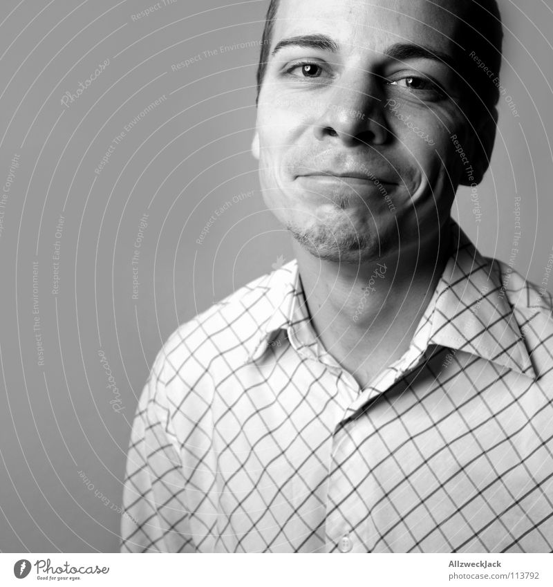 There's no laughing here! Friendliness Happiness Man Masculine Black White Shirt Checkered Congenial Portrait photograph Denied Master Positive Joy Laughter