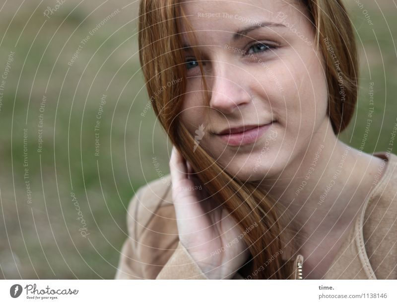 . Feminine Young woman Youth (Young adults) 1 Human being Jacket Red-haired Long-haired Observe Smiling Looking Beautiful Relaxation Happy