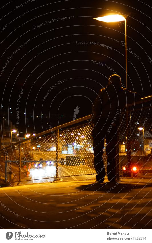 Greetings from the province Human being Masculine Man Adults Back 1 45 - 60 years Dark Lamp Transport Bridge Bridge railing Wire netting Stand Vantage point