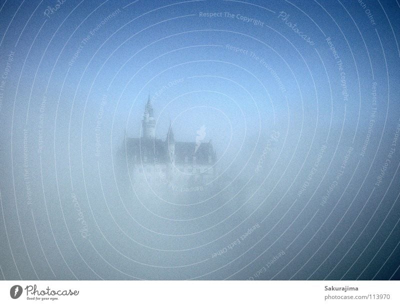 Neuschwanstein Castle Allgäu Bavaria Schwangau Fog Magic Fairy tale King Clouds Dream Dreamland Monarchy Expensive Blur Dark Progress Roof Window Rich Luxury