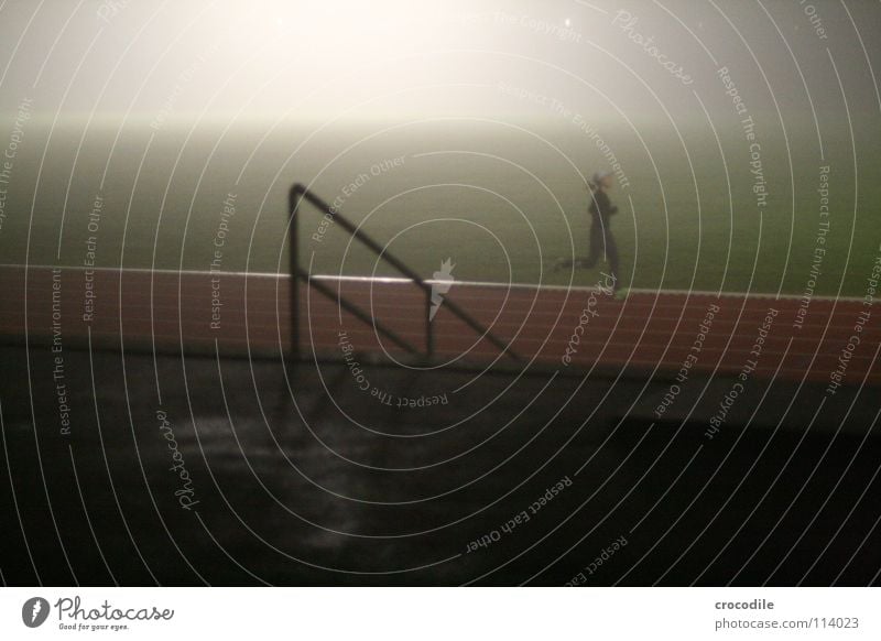 fog run l Fog Night Woman Runner Marathon Long distance Stripe Sports Playing Power Force Walking floodlit Stairs Handrail Lawn Railroad Athletic Healthy