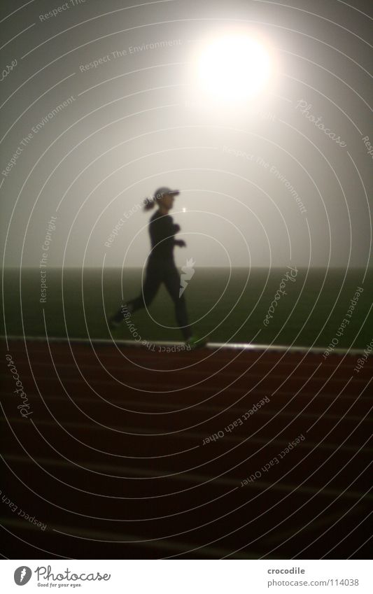 fog run lll Fog Night Woman Runner Marathon Long distance Stripe Sports Dark Mystic Light Radiation Playing Walking floodlit Stairs Handrail Lawn Railroad