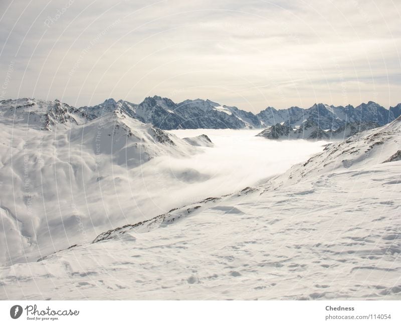 mist flow Fog Clouds Wool Absorbent cotton Canton Graubünden White Ocean Sea of fog Cold Peak Gray Wet Winter Switzerland Sky Mountain Snow River