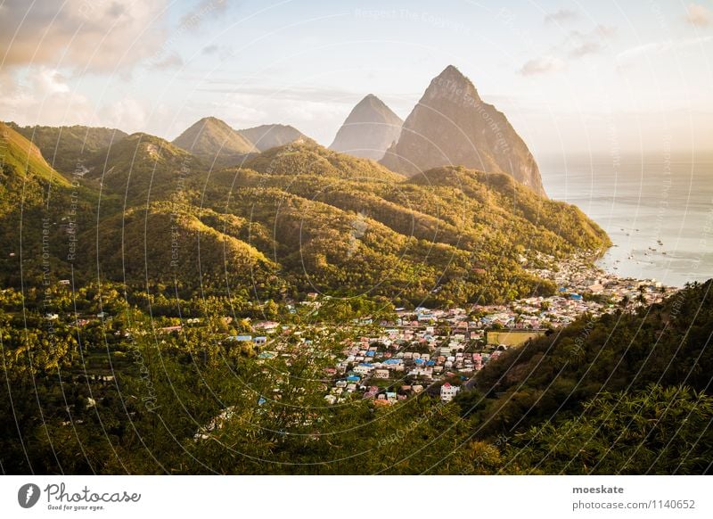 Pitons Saint Lucia Landscape Mountain Volcano Ocean Green St. Lucia Caribbean pitons soufriere Sunset Colour photo Subdued colour Exterior shot