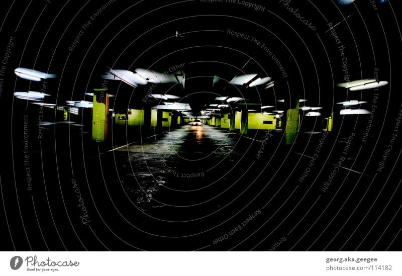 underground car park Light Wide angle Dark Underground garage Night Calm Tunnel Contrast Colour