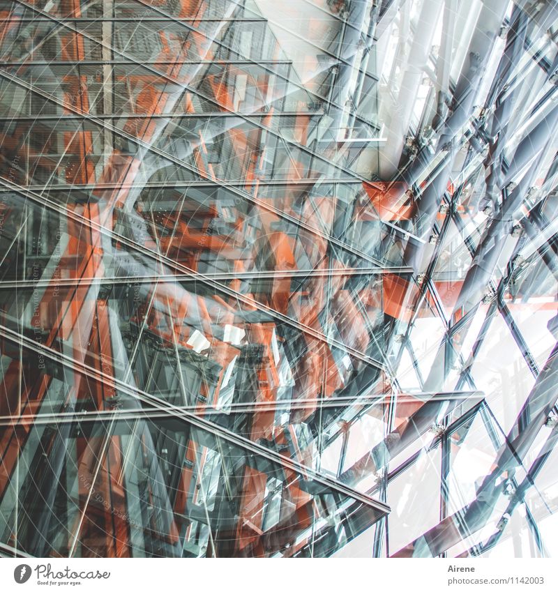 turbulent Architecture Elevator Airport Departure lounge Glas facade Metal construction Glass Flying Wild Gray Orange Double exposure Colour photo Interior shot