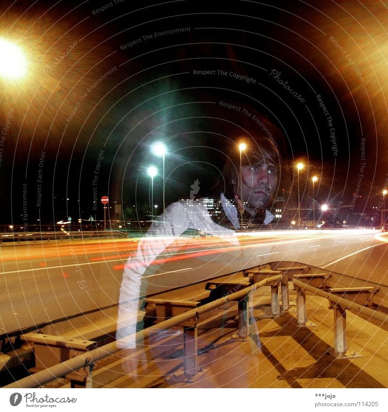 the traffic and the ghost. Transport Highway Night Junction Man Long exposure Town Street lighting Lantern Self portrait Transparent steet road Movement Escape