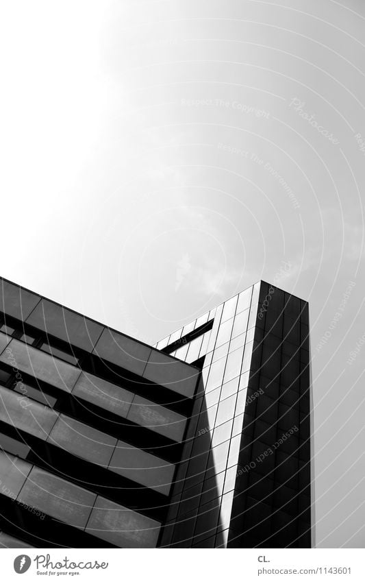 skyscraper Sky Clouds Beautiful weather Town High-rise Building Architecture Sharp-edged Black & white photo Exterior shot Deserted Copy Space top Day Light