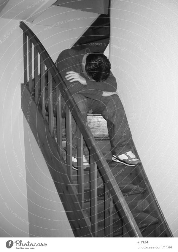 stair sitter Wood Footwear Human being Stairs Black & white photo Hair and hairstyles