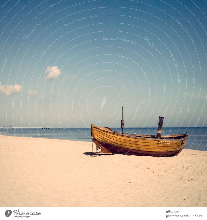 fishing boat Beach Sandy beach Baltic Sea ocean Ocean Fishing boat Horizon Blue wooden boat seafaring Clouds