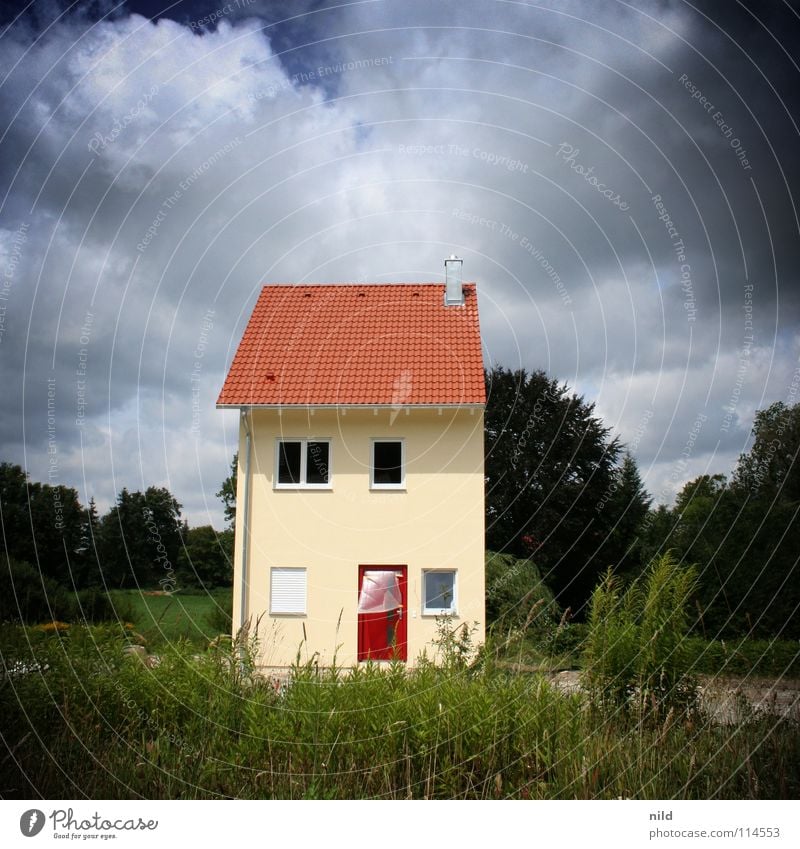 Semi-detached house(half) Half Middle Square Strange Contrast Clouds Bad weather Save Construction site Home improvement store Incomplete New building