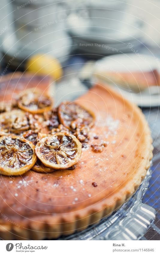 Lemon Ricotta Tart III Cake Crockery Plate Cup Delicious Sweet food Slice of lemon lemon tart Cake plate Tablecloth Colour photo Exterior shot Deserted