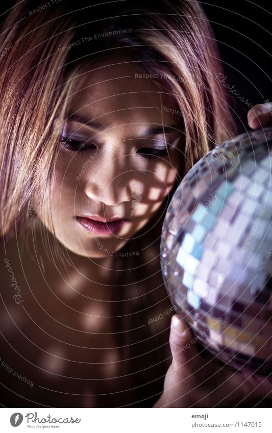 lights Feminine Young woman Youth (Young adults) Face 1 Human being 18 - 30 years Adults Dark Beautiful Disco Disco ball Colour photo Interior shot Studio shot