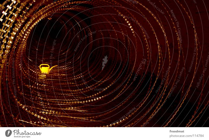 barb wired Cottbus Germany Jug Shift work Decline Watering can Barbed wire Art Project Yellow Misplaced Night Dark Eerie Thorny Tunnel Deep Wire Long exposure