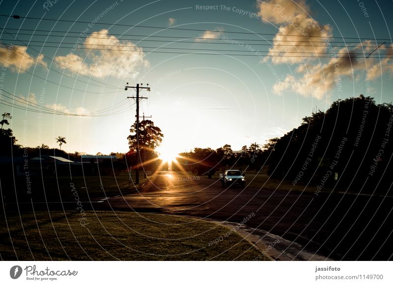 small-town evening Sun Landscape Sunrise Sunset Sunlight Small Town Road traffic Street Crossroads Vehicle Car Vacation & Travel Australia Mission Beach