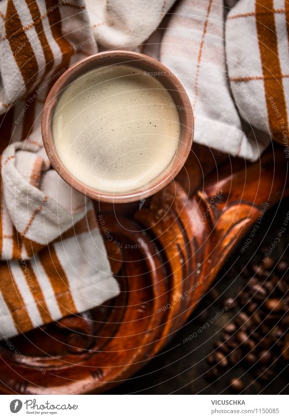 Cup of coffee on old wooden table with kitchen towel Food Beverage Hot drink Coffee Espresso Lifestyle Style Design Table Kitchen Background picture Aromatic