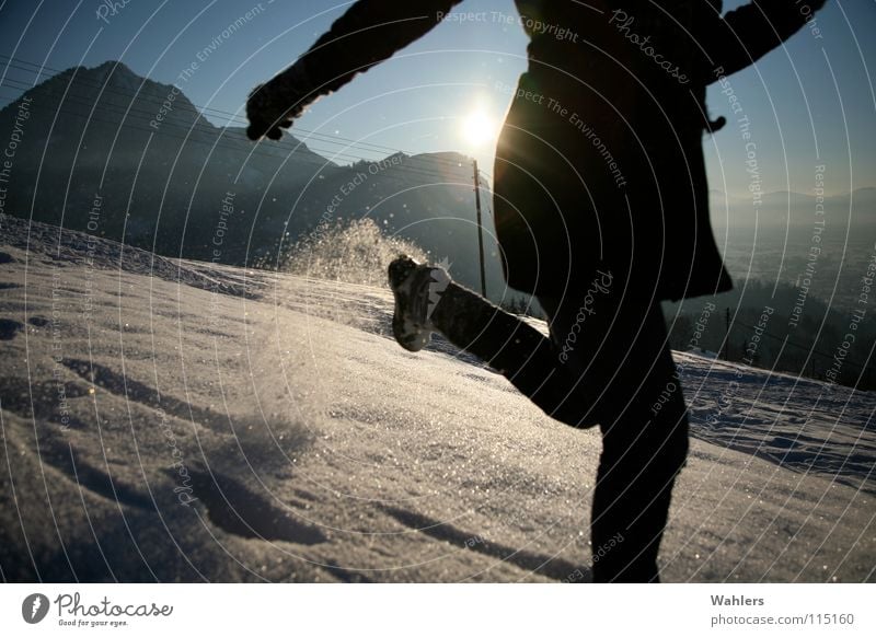 Tracks in the snow I Winter To go for a walk Speed Horizon Dornbirn Federal State of Vorarlberg Austria Woman Coat Back-light Snow Walking Running Movement Sun