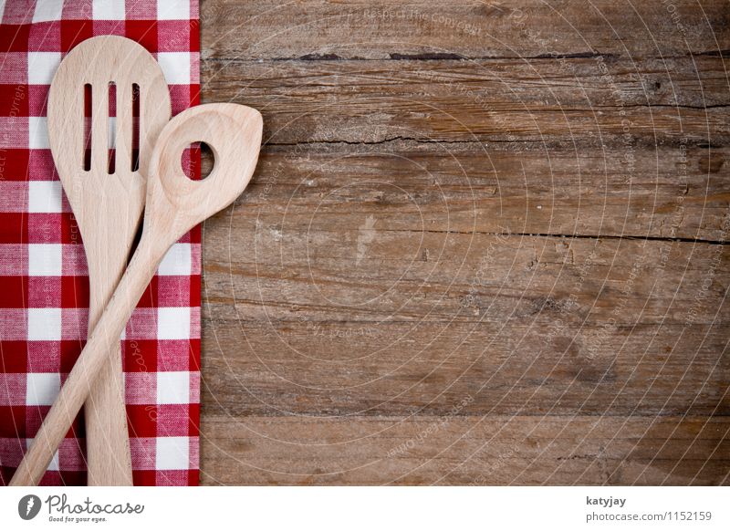 wooden spoon Wooden spoon Spoon Old Cutlery Tablecloth Wooden board Kitchen Red Wooden table Checkered Household Tool Cook Dish Fork Food White Brown Retro