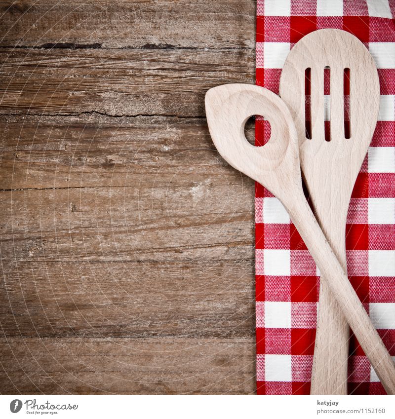 wooden spoon Wooden spoon Spoon Old Cutlery Tablecloth Wooden board Kitchen Red Wooden table Checkered Household Tool Cook Dish Fork Food White Brown Retro