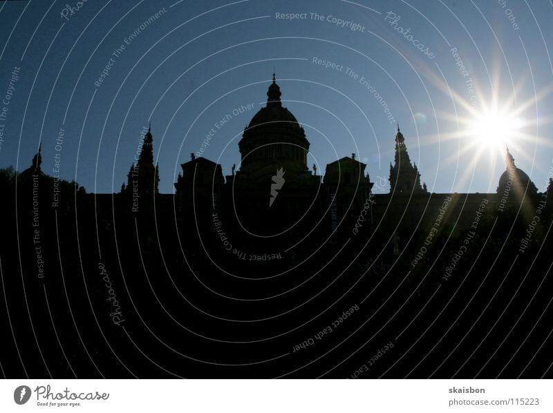 art creates contrast Barcelona Catalonia Spain Art Building Roof Silhouette Back-light Sunbeam Black Yellow Winter sun Physics Historic Splendid