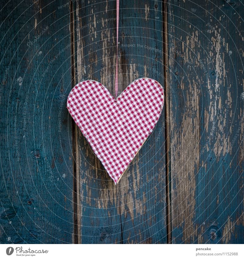 heart or check Sign Design Love Heart Mother's Day Valentine's Day Chalet vacation Checkered Decoration Retro Wooden facade Blue Red Weathered Wood grain