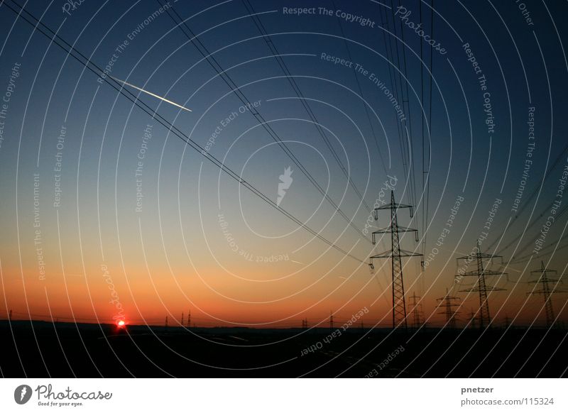 On the way home ... Sunset Red Progress Black Electricity Joy Sky Blue Orange Landscape Electricity pylon Transmission lines Energy industry