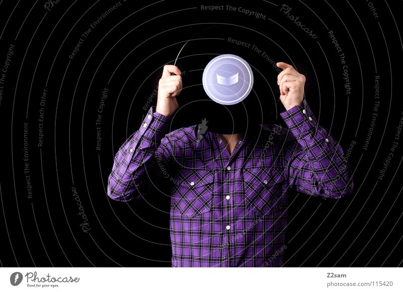 disk head Record Music Sound storage medium Old Portrait photograph Man Human being Shirt Pattern Violet Hand Stand Evil Studio shot Listening Style Freak Crazy