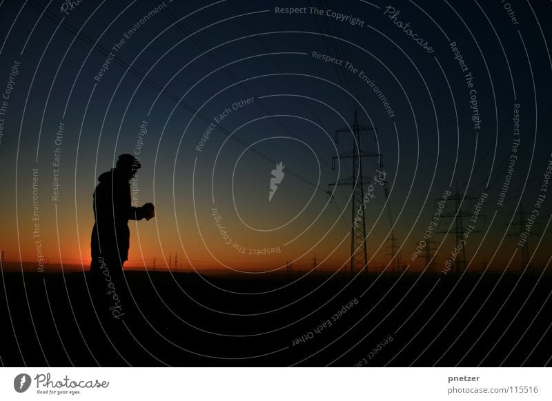 Sunset Silhouette Dark Black Progress Back-light Calm Electricity Sky Man Joy silhoutte Orange Blue Loneliness Electricity pylon Energy industry Landscape