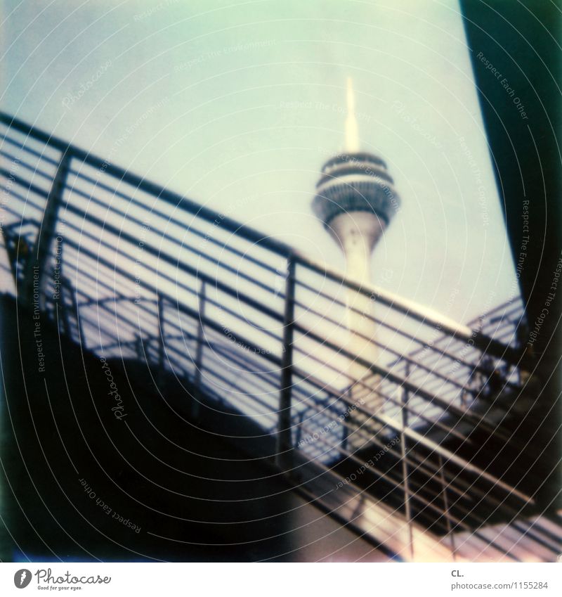 d Sky Beautiful weather Duesseldorf Town Stairs Banister Tourist Attraction Landmark Rheinturm Colour photo Exterior shot Polaroid Deserted Day