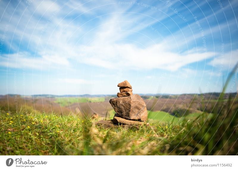 cairn Far-off places Hiking Landscape Sky Clouds Horizon Spring Beautiful weather Meadow Cairn Stone Esthetic Positive Blue Brown Green White