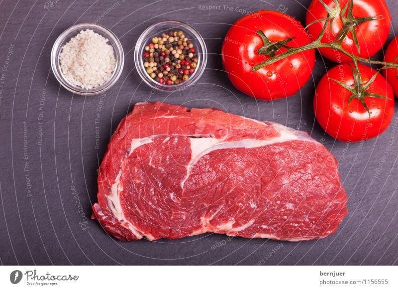 slate steak Food Meat Vegetable Organic produce Good Delicious Steak beef steak Loin loin of beef Salt Pepper Tomato Slate Raw Fresh Bird's-eye view Peppercorn