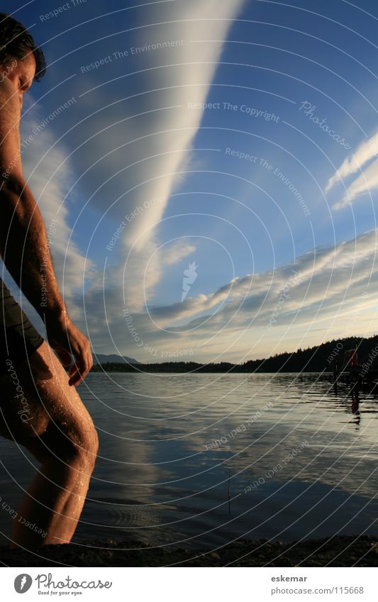 evening at the lake Man Lake Swimmer (professional sportsman) Bavaria Evening sun Masculine Dusk Wet Drops of water Beautiful Attractive Moor lake Clouds