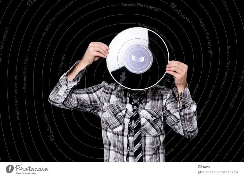 disk head II Shirt Violet Logo Self portrait Record Music Sound storage medium Old Portrait photograph Man Human being Pattern Hand Stand Evil Studio shot