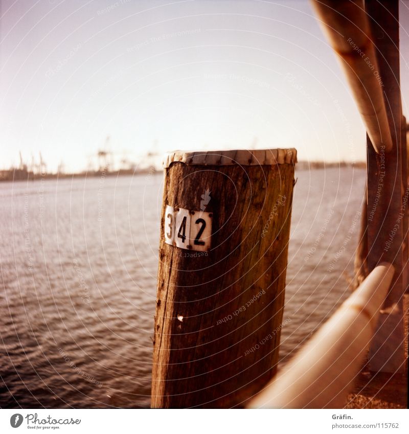 342 Digits and numbers Crane Badge Beautiful weather Harbour Bank reinforcement Medium format Horizon Industrial district Lomography River Brook Pole Handrail