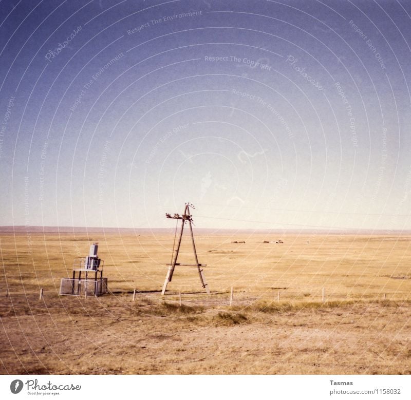 end of line Landscape Elements Earth Sand Sky Cloudless sky Steppe Desert Gobi Beginning Freedom Infinity Grassland Transmission lines Electricity