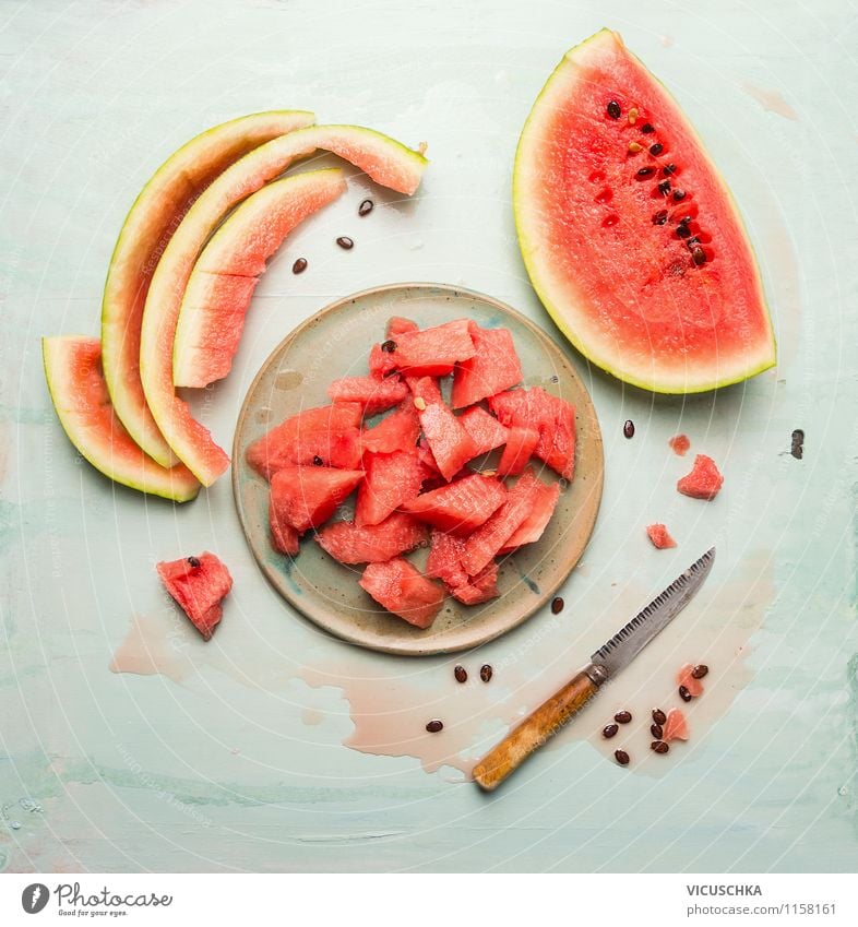 Summer taste - Watermelon Food Fruit Dessert Nutrition Organic produce Vegetarian diet Diet Juice Crockery Plate Knives Appetite Thirst Design Style Top Gourmet